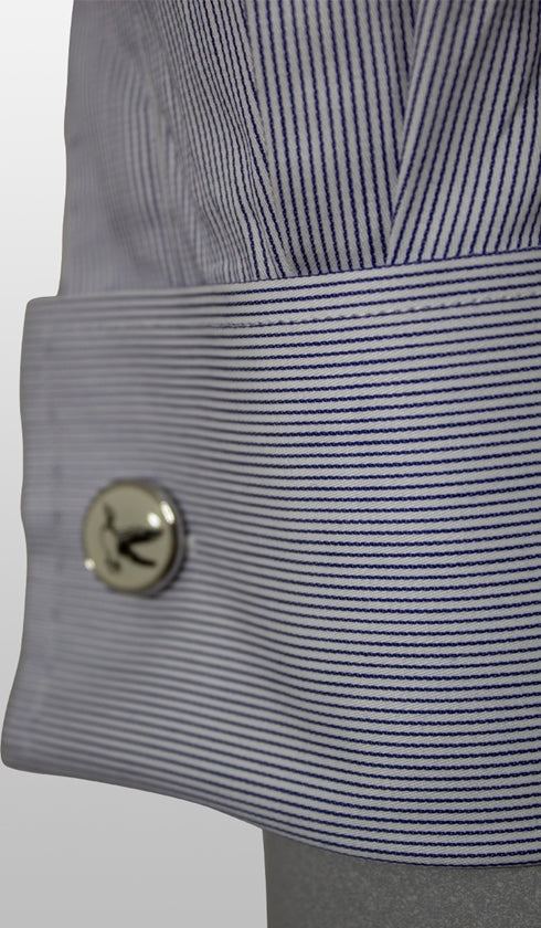 Camisa Social Slim Listrada Punho Duplo Maquinetada