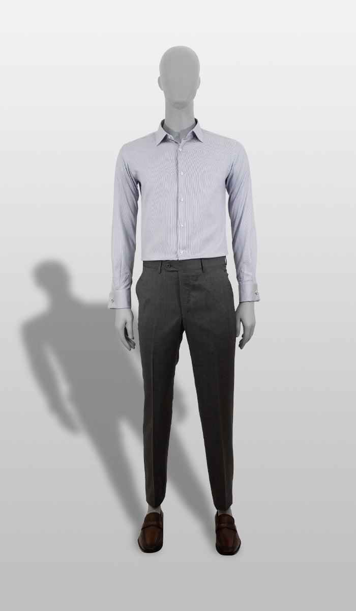 Camisa Social Slim Listrada Punho Duplo Maquinetada