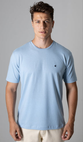 T-Shirt Gola Careca Com Bordado - Azul
