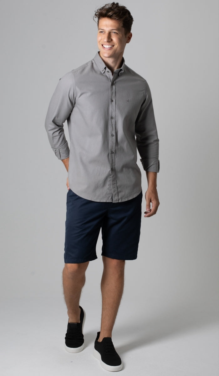 Camisa Manga Longa Oxford Button Down - Cinza